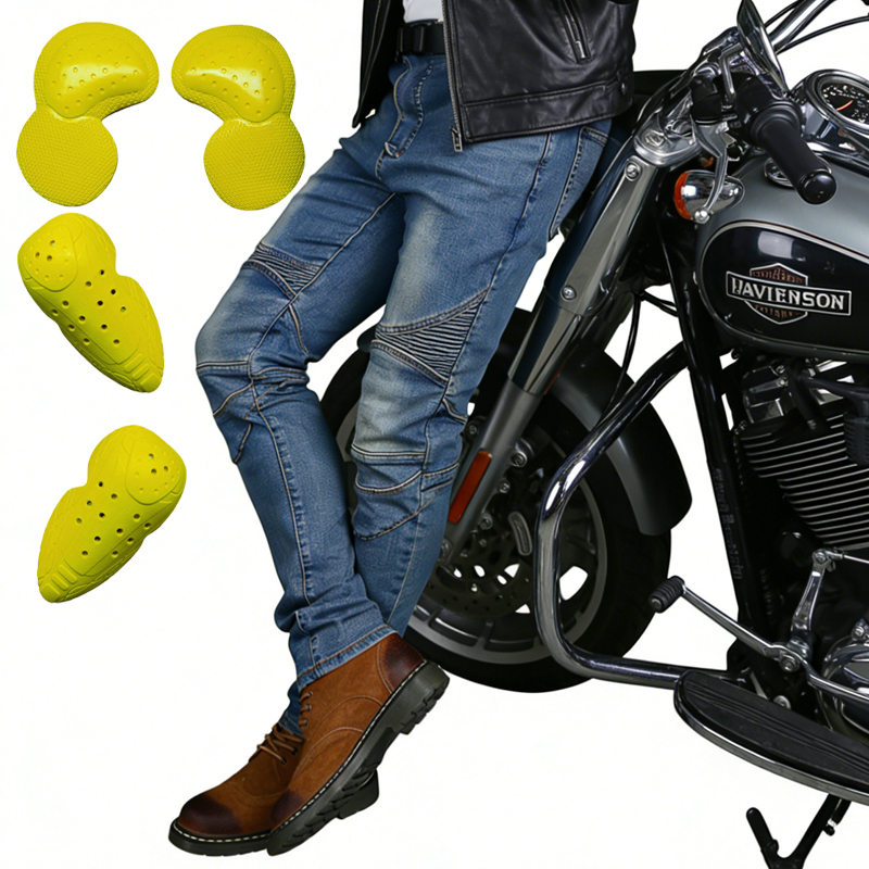 Motorcycle Gear Blue - Męskie jeansy motocyklowe, niebieskie spodnie na